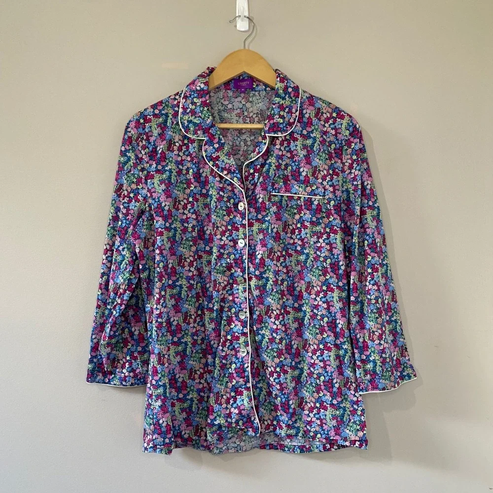 Liberty London Womens Floral Cotton Pajama Set Multicolor Button Front Size M